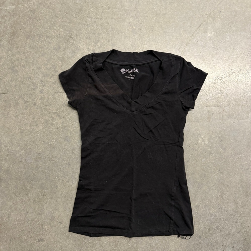 Splash Womens V Neck Short Sleeve T-Shirt Solid Black Cotton Stretch Small 3069